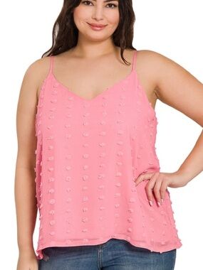 XXXL Plus Size Pink Textured Swiss Dot Spaghetti Strap Tank